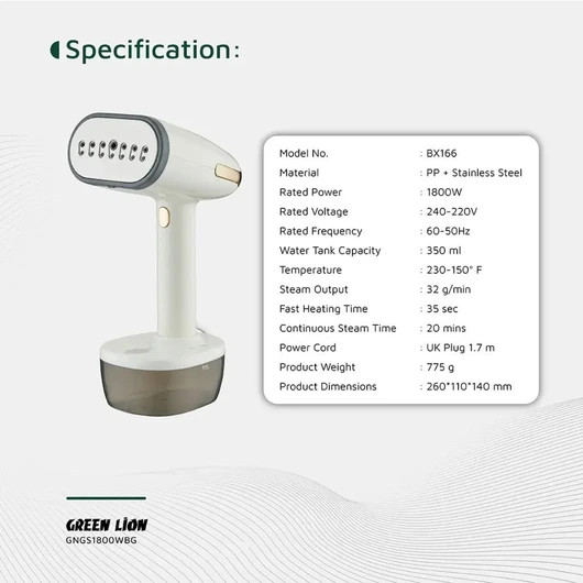 اتو بخار دستی گریت لاین مدل Green Lion Steam 1800W Garment Steamer GNGS1800WBG