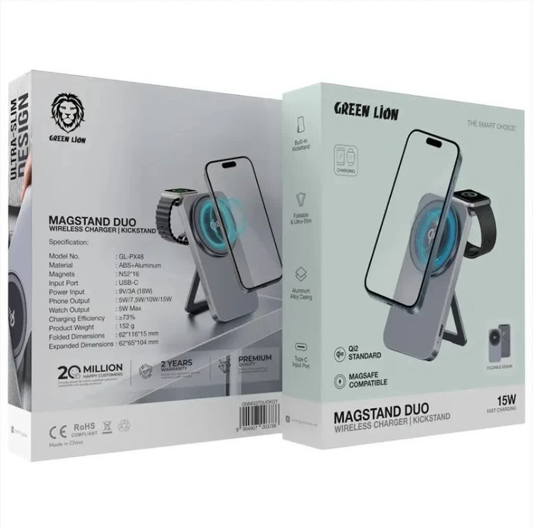 شارژر بیسیم Magstand Duo Qi2 گرین لاین